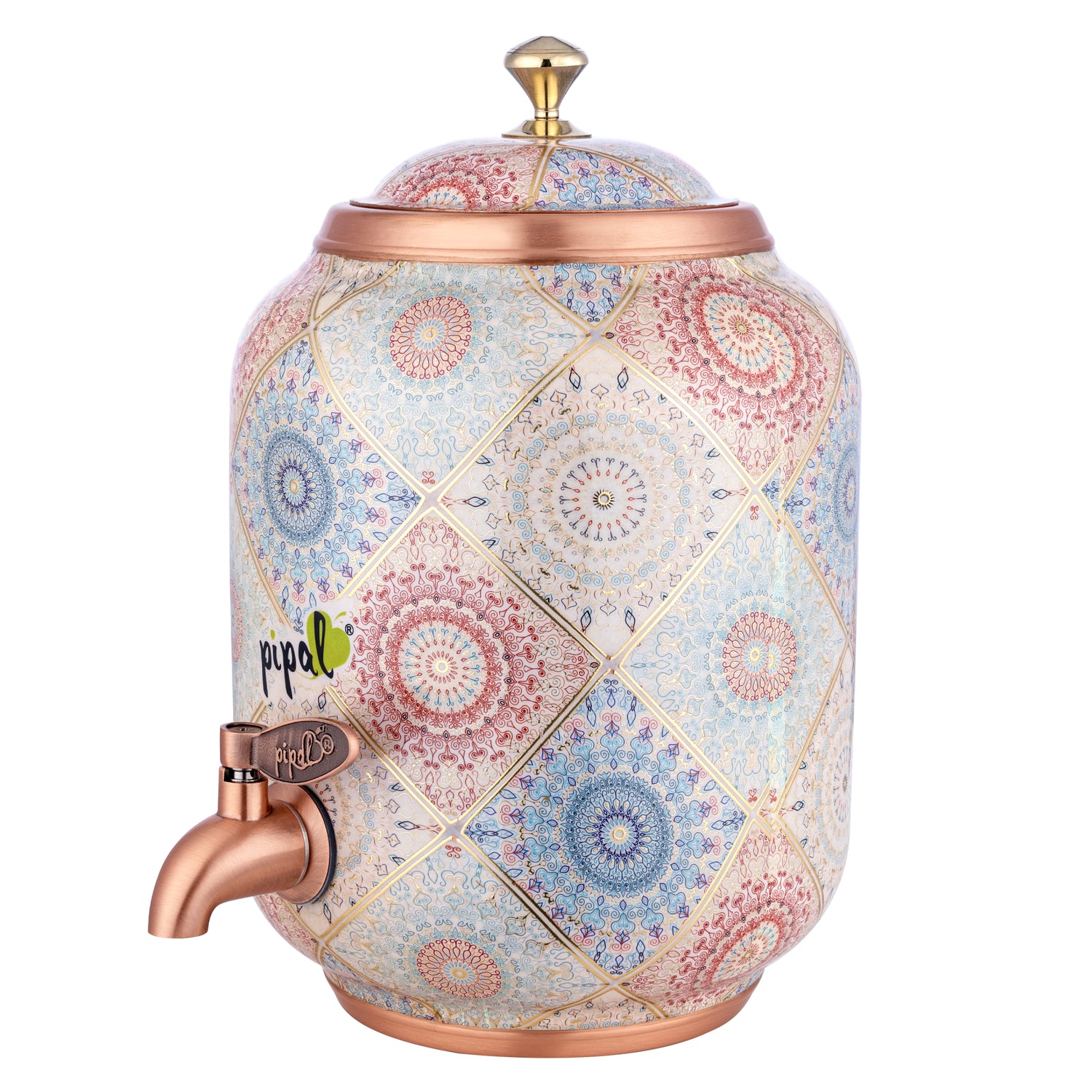 Pipal Classical copper water dispenser with blue and red geometric mandala print