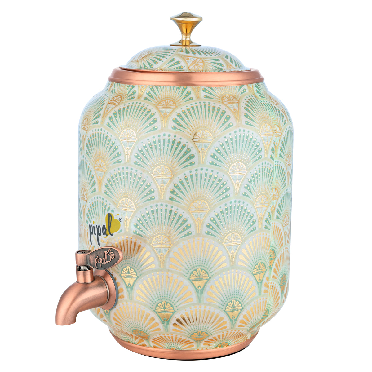 Pipal Classical copper water dispenser with green and gold peacock feather print