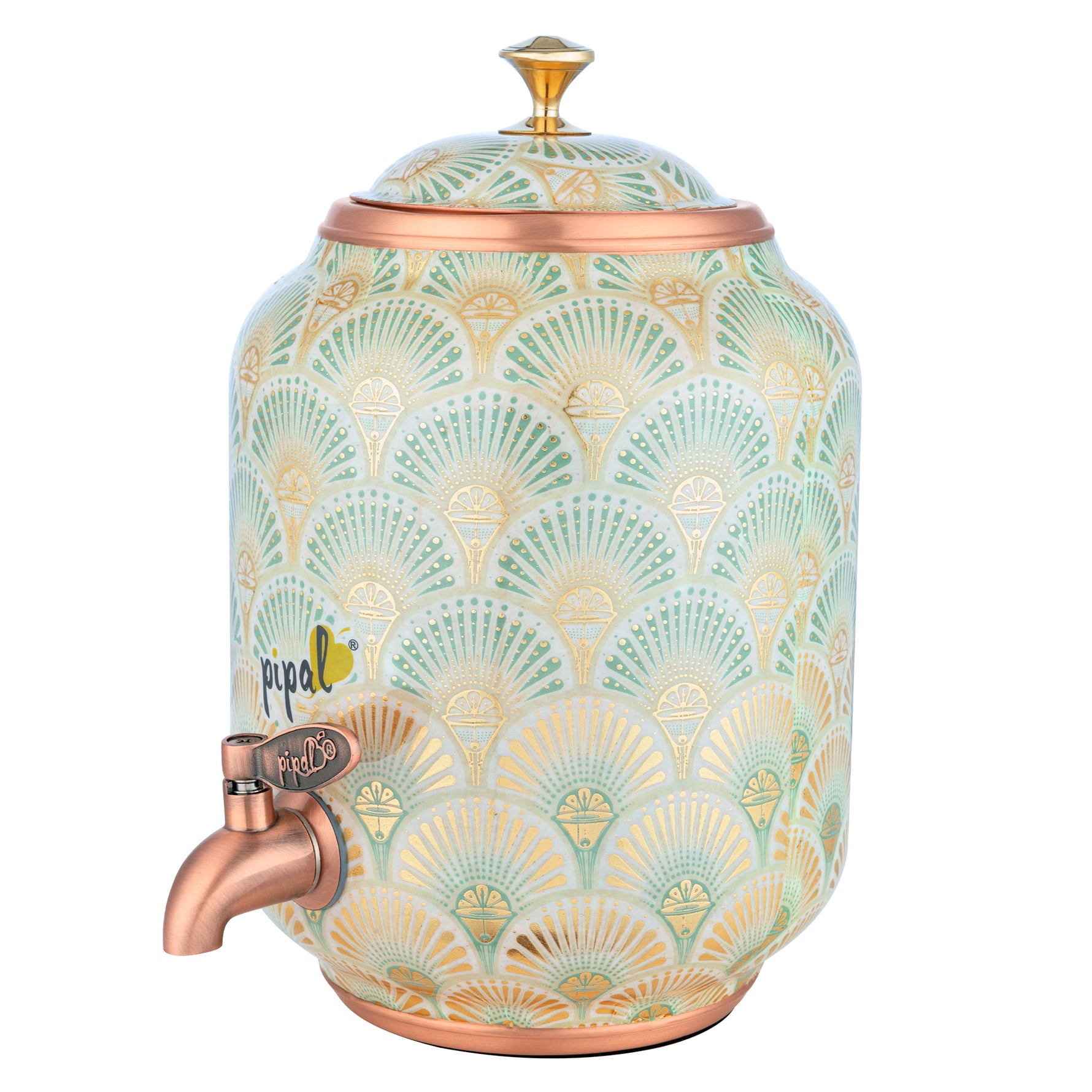 Pipal Classical copper water dispenser with green and gold peacock feather print