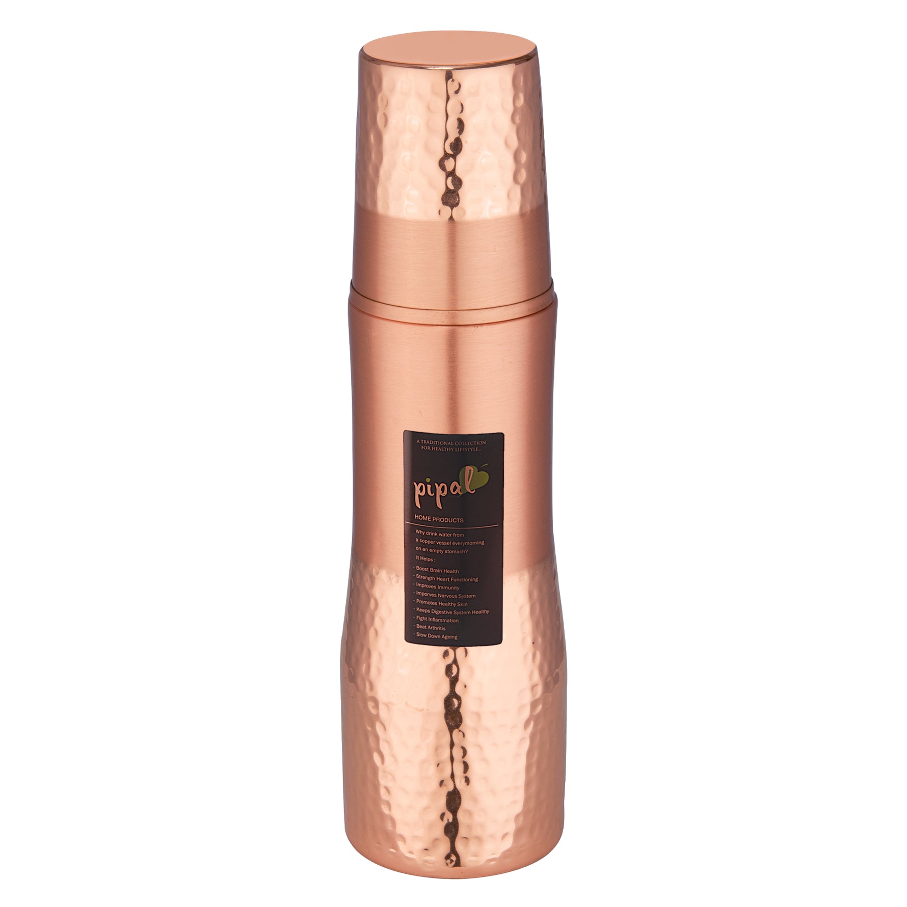 Pipal Dew 800ml hammered copper bottle with built-in cup and matte finish