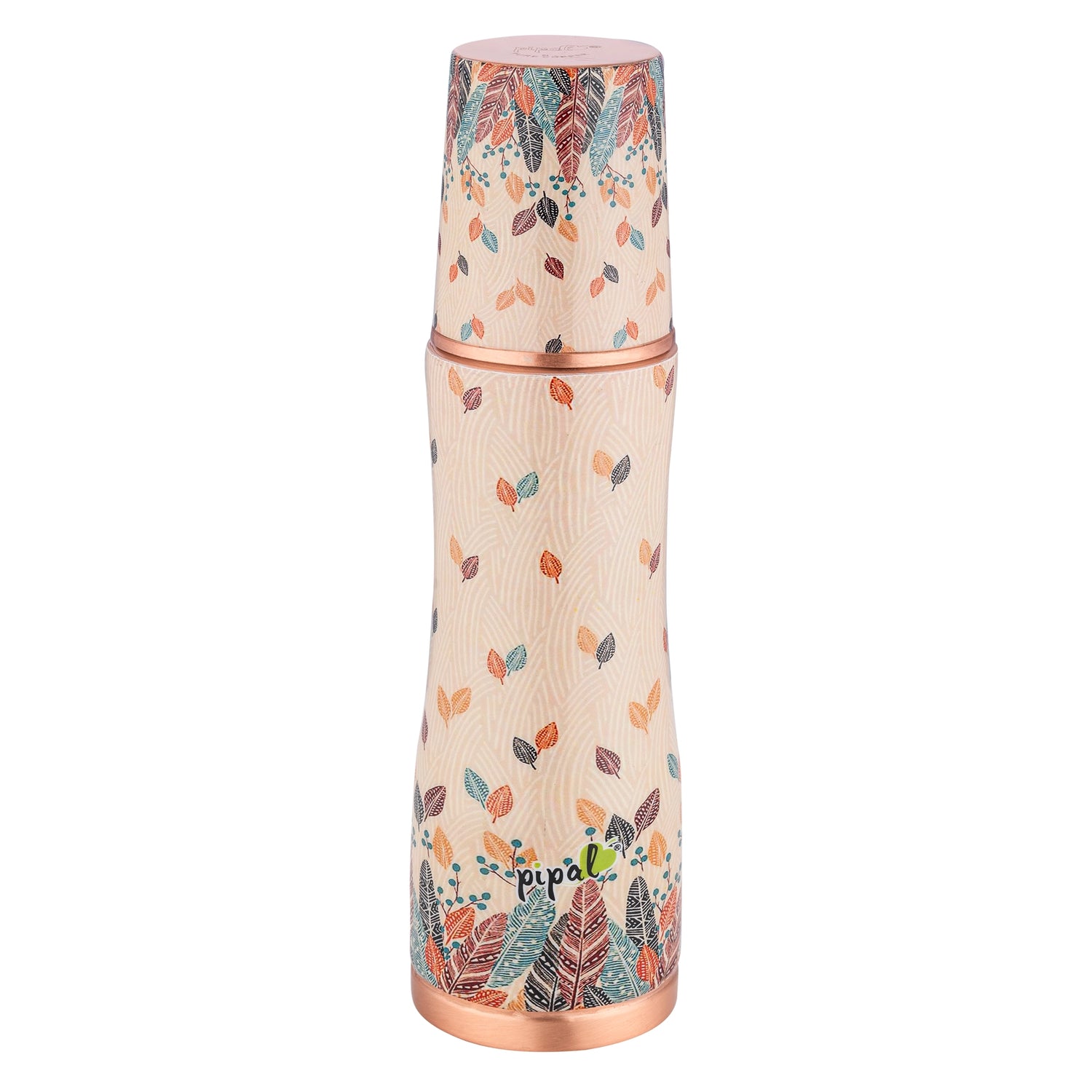 Copper bottle with leaf pattern and copper accents on a white background