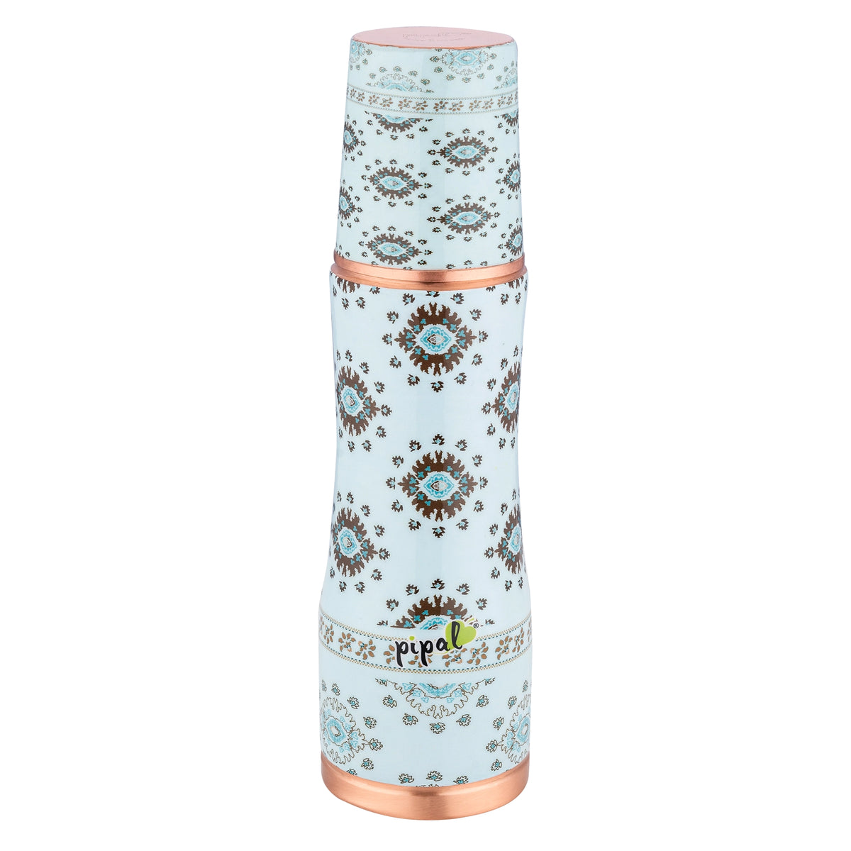 Decorative copper water bottle with floral pattern on a white background