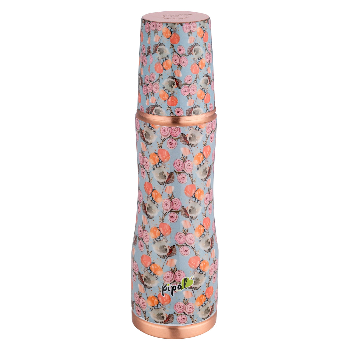 Floral-patterned bottle with copper accents on a white background