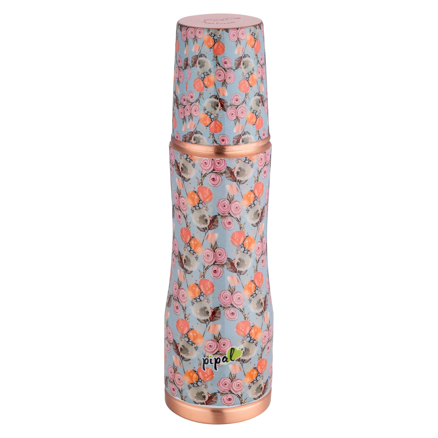 Floral-patterned bottle with copper accents on a white background