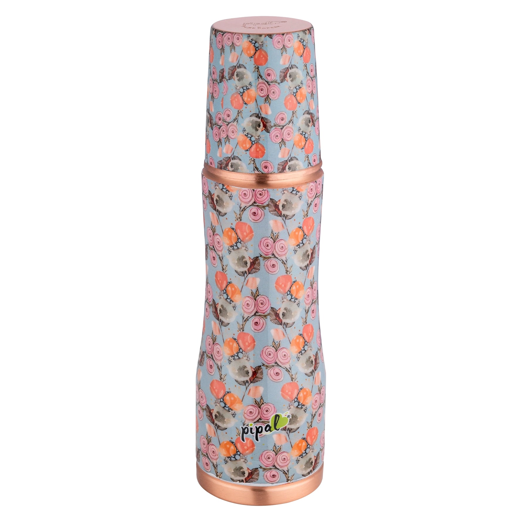 Floral-patterned bottle with copper accents on a white background