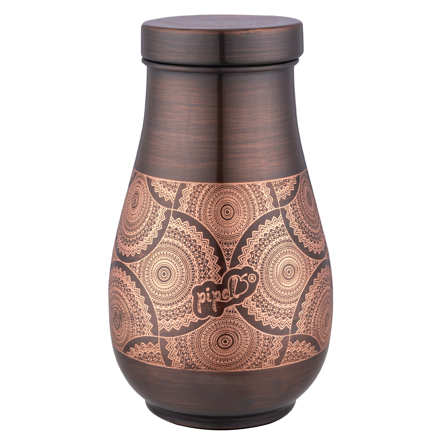 Pipal Drop series copper carafe with dark antique finish and etched mandala pattern