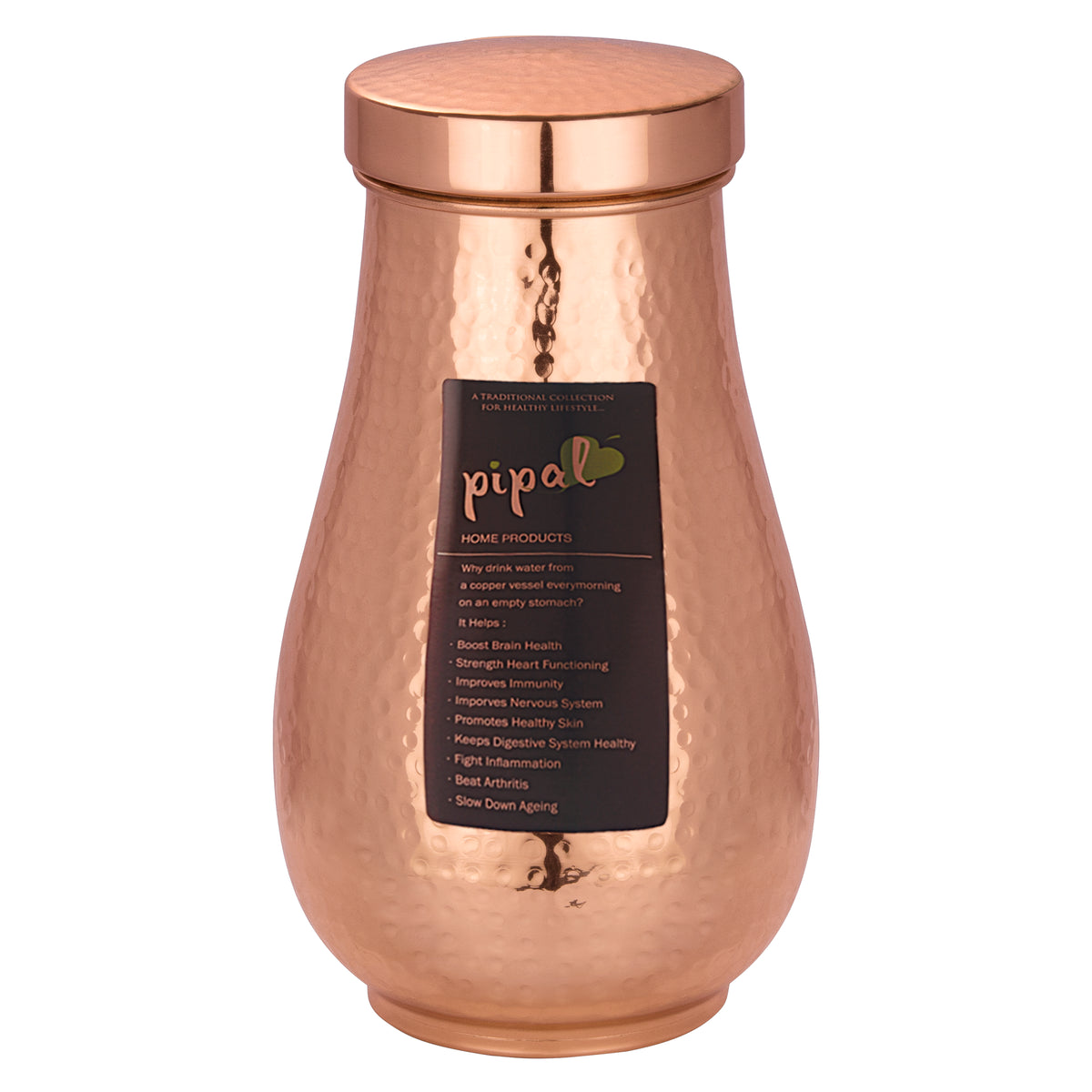 Pipal Drop series copper carafe with bulbous shape and hammered finish