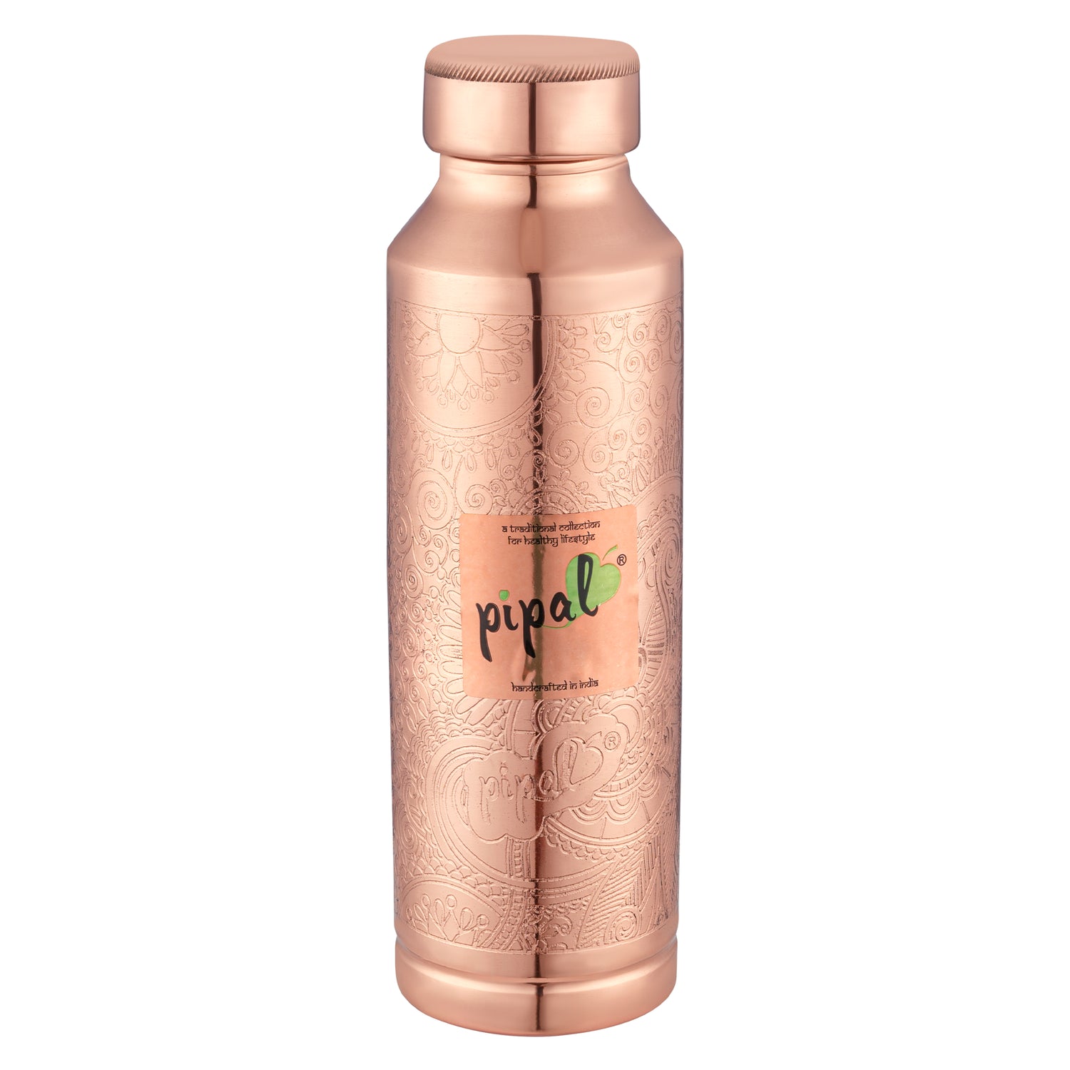 Pipal Junior 800ml copper bottle with intricate floral etching