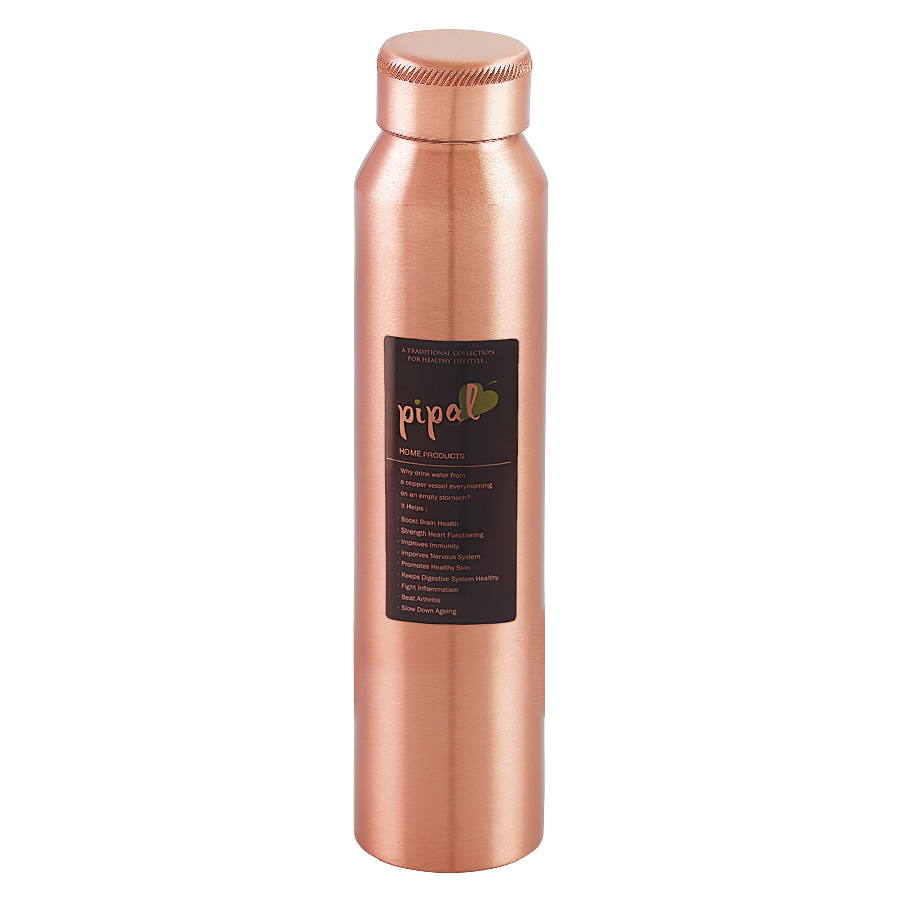 Pipal 800ml compact copper water bottle with brushed matte finish