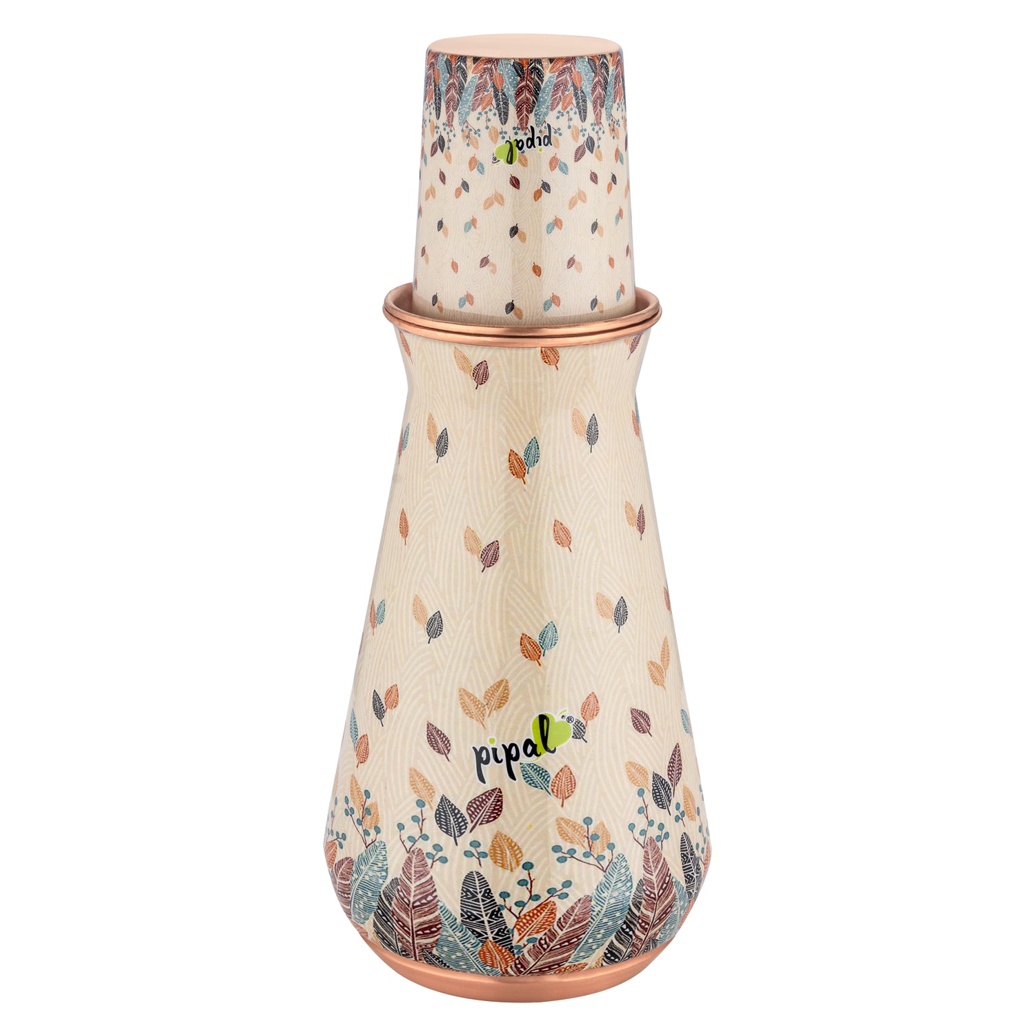 Pipal Kumbh 3-piece copper carafe set with beige feather and leaf nature print