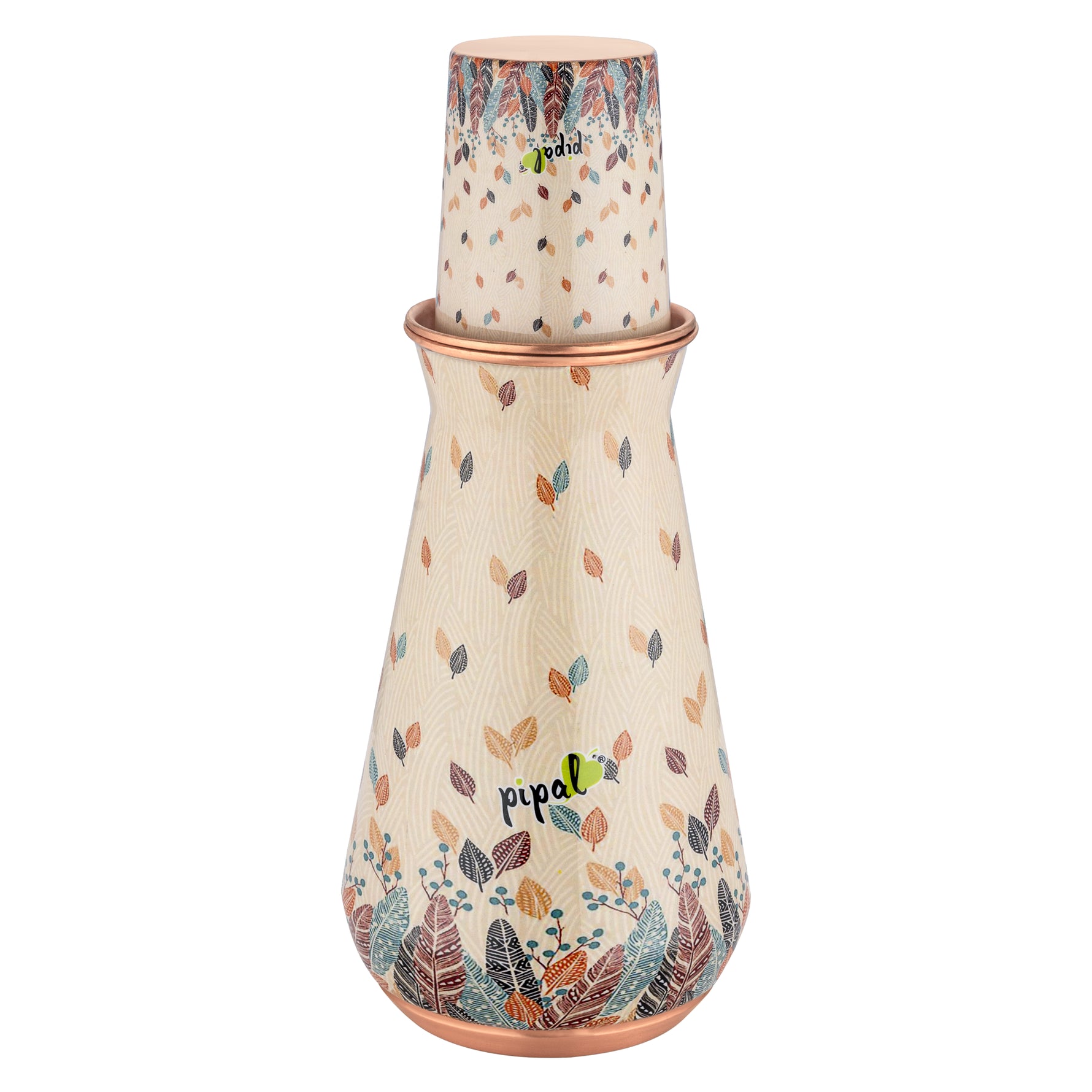 Pipal Kumbh 3-piece copper carafe set with beige feather and leaf nature print
