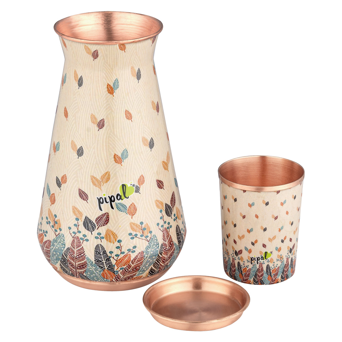 Detail of autumn leaf printed copper pitcher with separate lid dish and tumbler cup