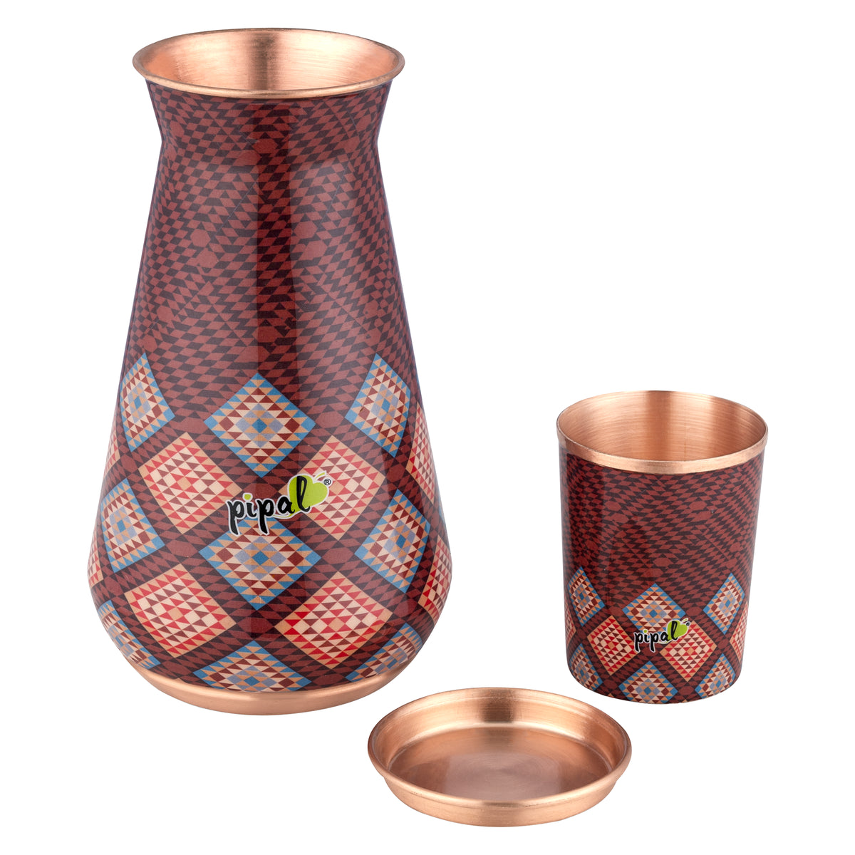Detail of printed copper pitcher with separate lid dish and matching tumbler cup
