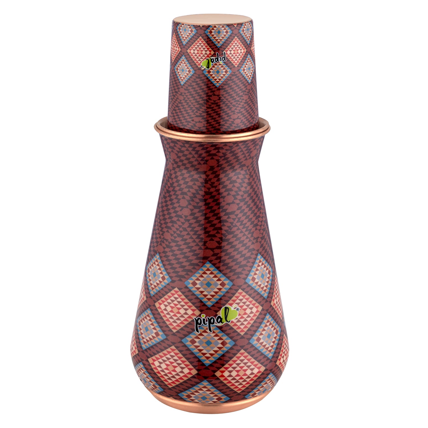 Pipal Kumbh 3-piece copper carafe set with rust red geometric grid print