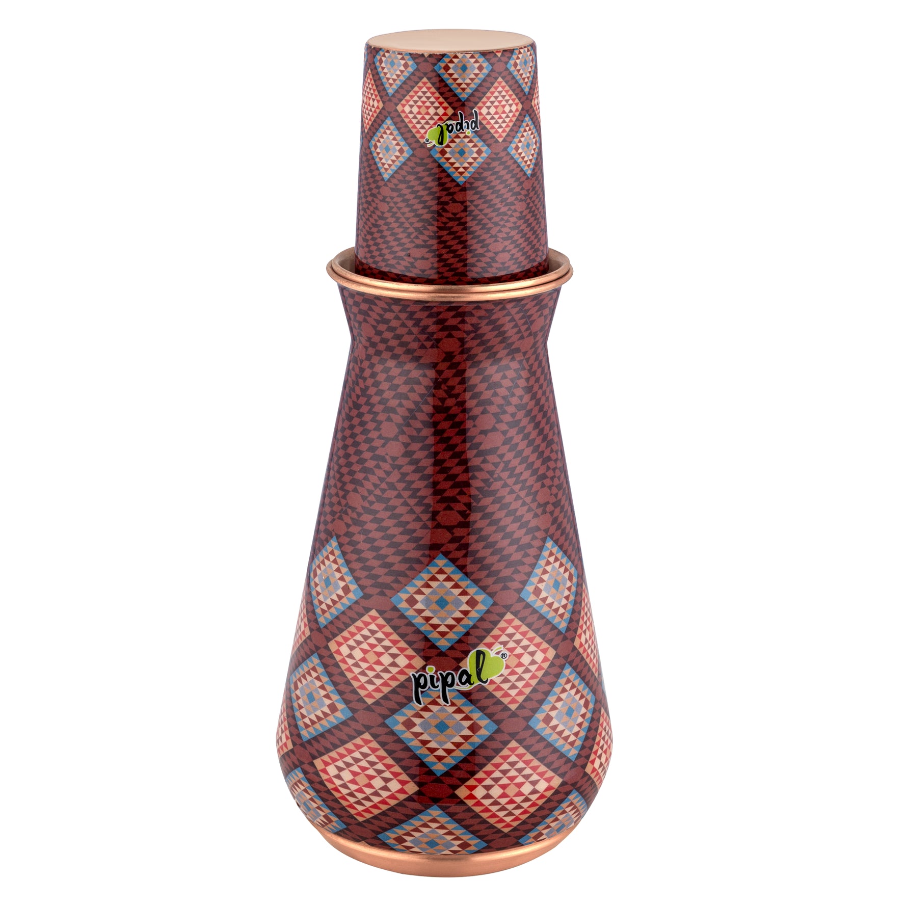 Pipal Kumbh 3-piece copper carafe set with rust red geometric grid print