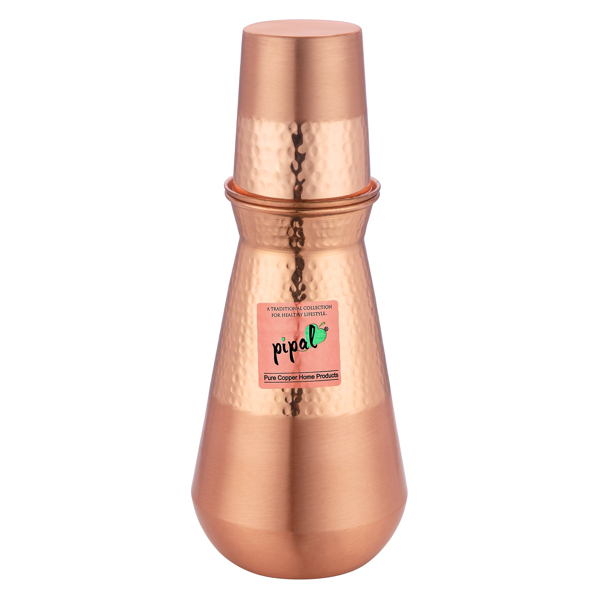 Pipal Kumbh 3-piece copper carafe set with jug, tumbler, and lid dish