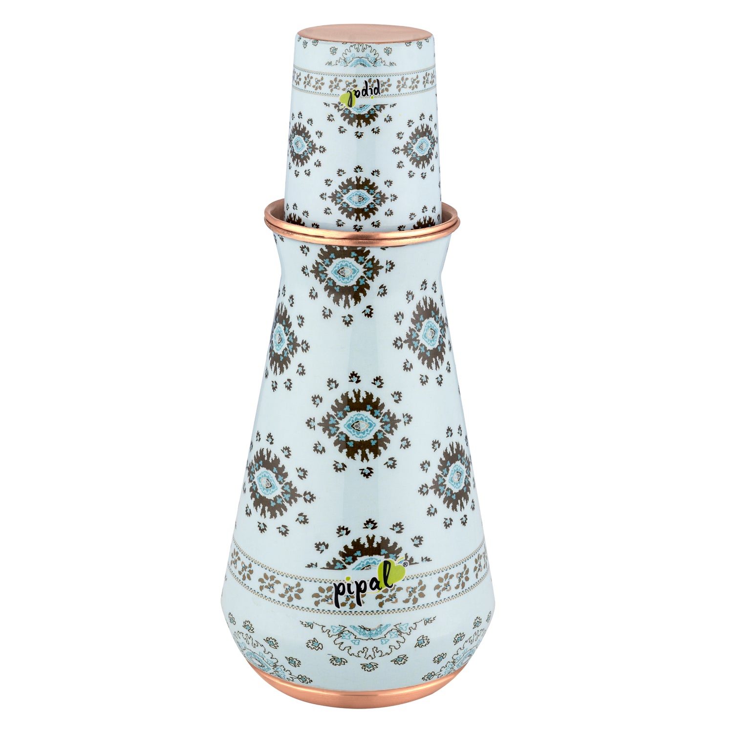 Pipal Kumbh 3-piece copper carafe set with mint blue sun burst print