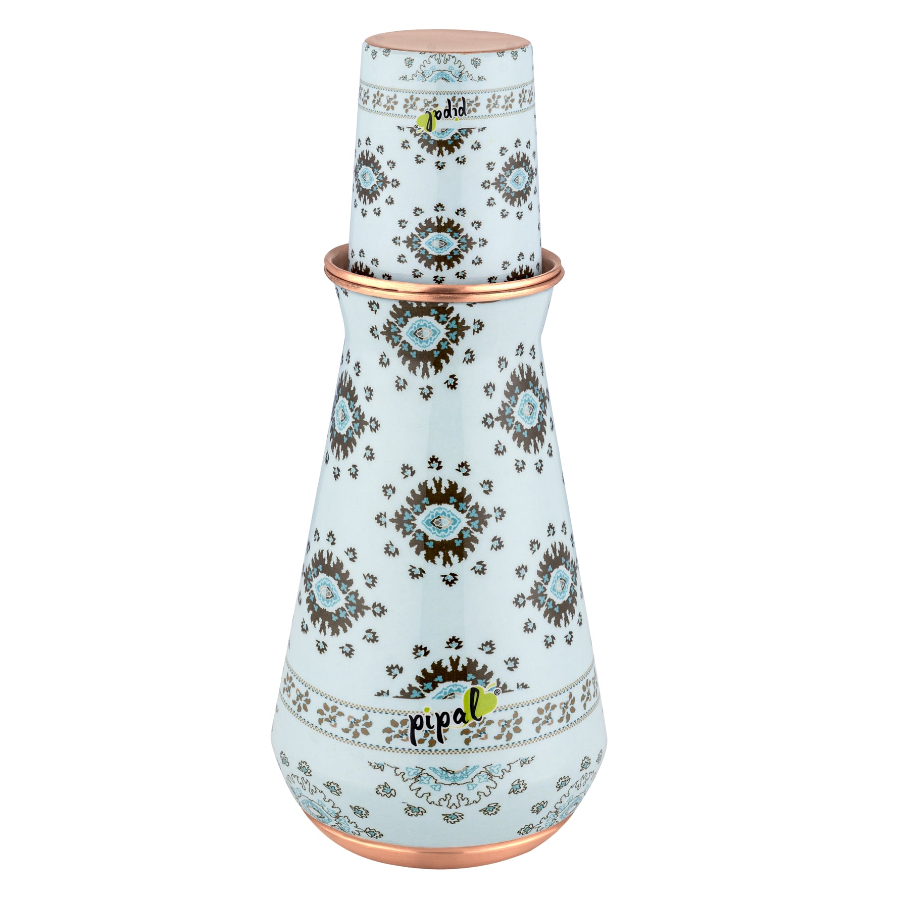 Pipal Kumbh 3-piece copper carafe set with mint blue sun burst print