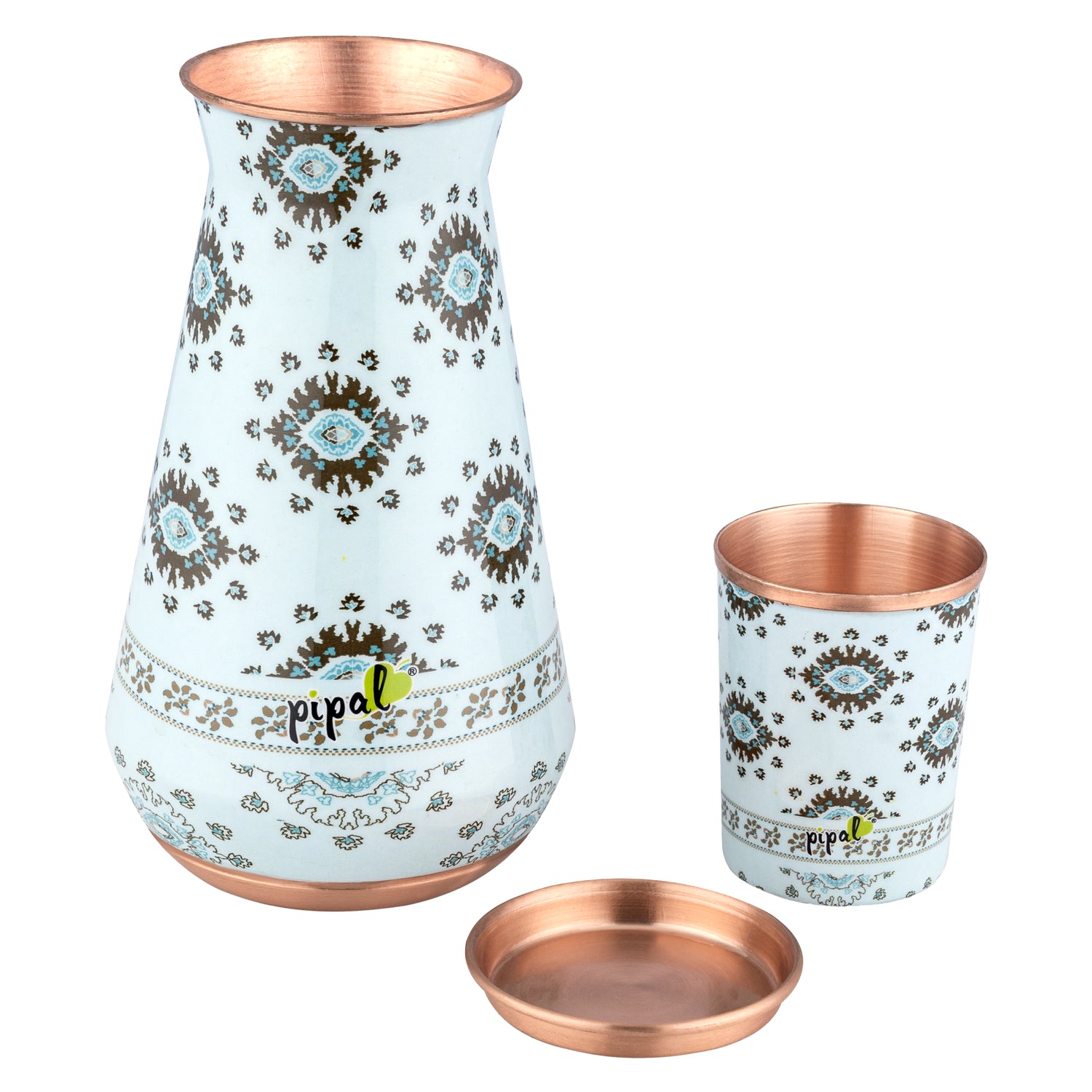 Detail of pastel mint copper pitcher with separate lid dish and matching tumbler cup