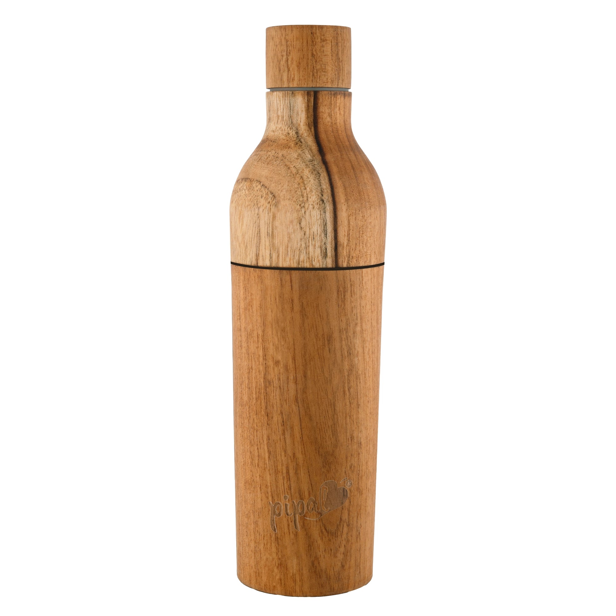 Wooden water bottle with a visible brand logo on a white background