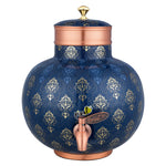 Pipal Prithvi round spherical copper water dispenser with royal blue and gold print