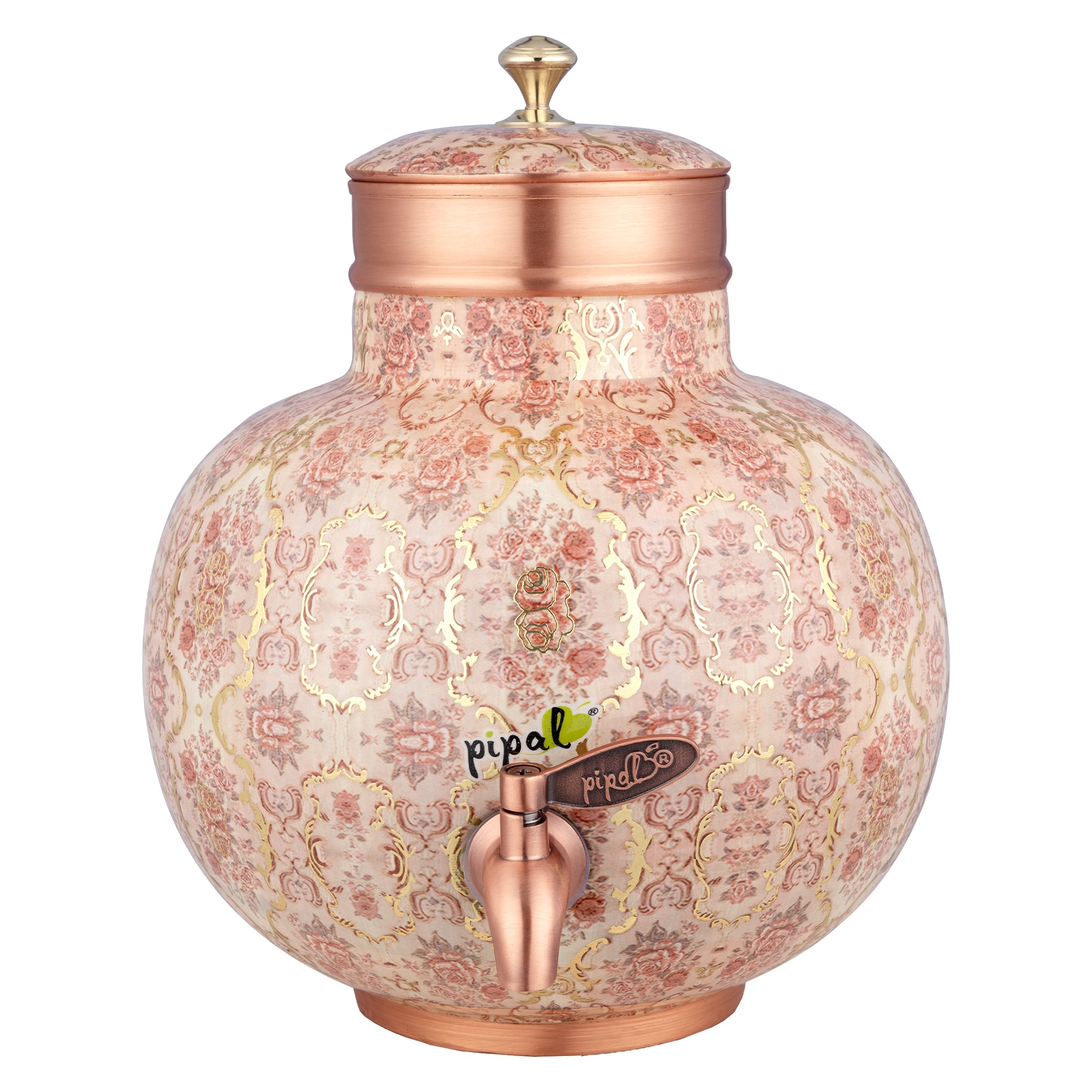 Decorative copper water dispenser with floral patterns and copper accents on a white background