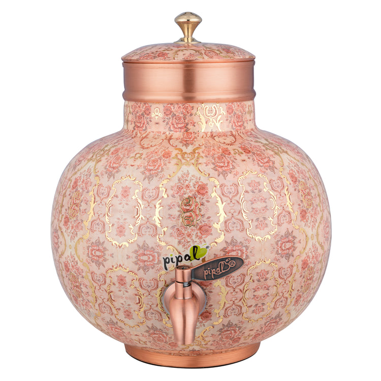 Pipal Prithvi round spherical copper water dispenser with vintage pink rose and gold print