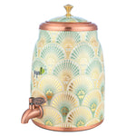 Tall vertical copper water dispenser with green peacock feather print and tap
