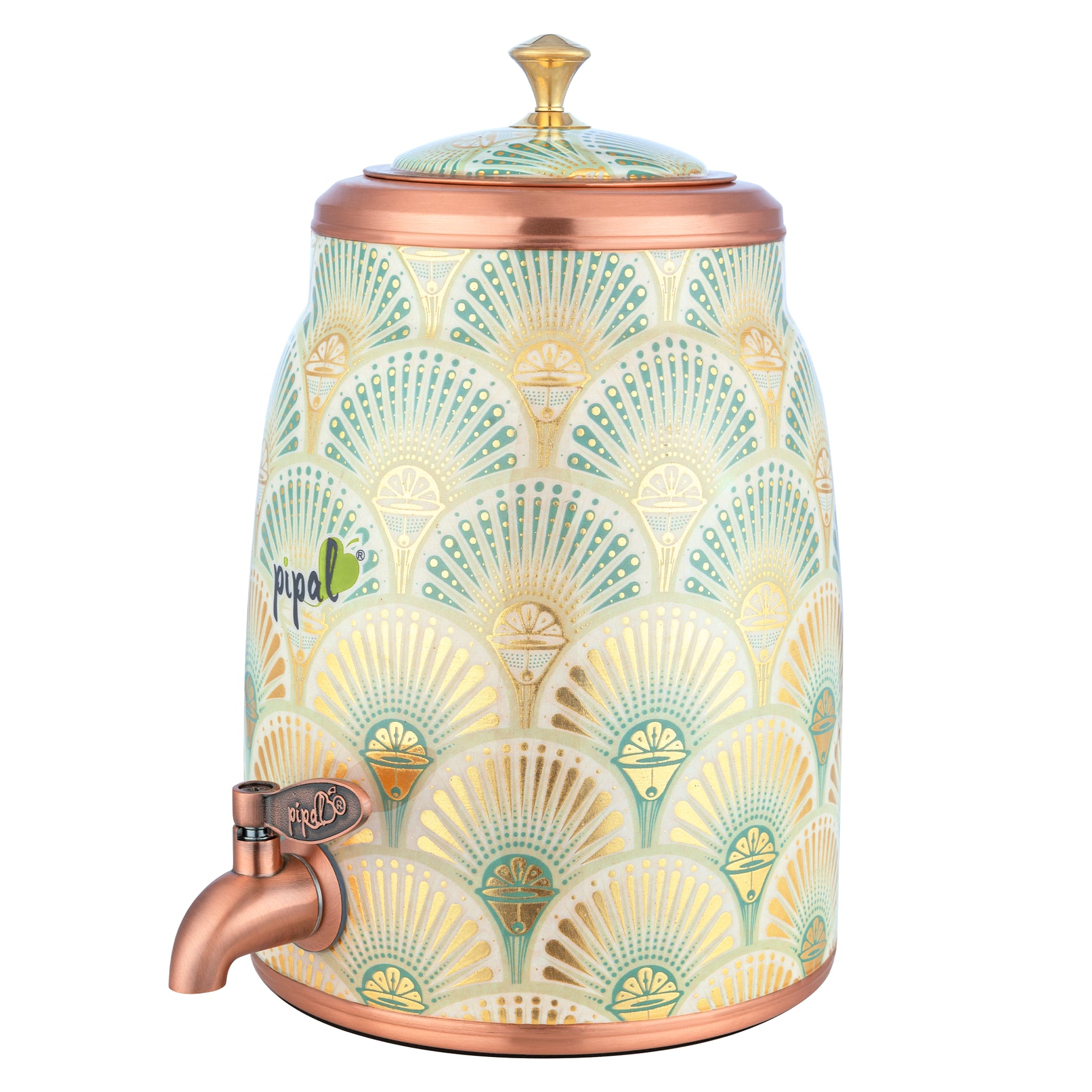 Tall vertical copper water dispenser with green peacock feather print and tap