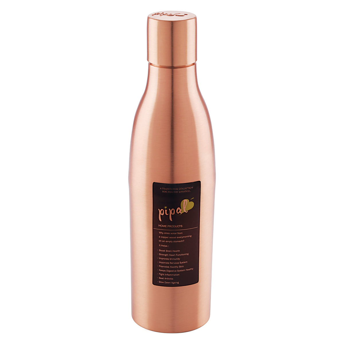 Copper water bottle with a label on a white background