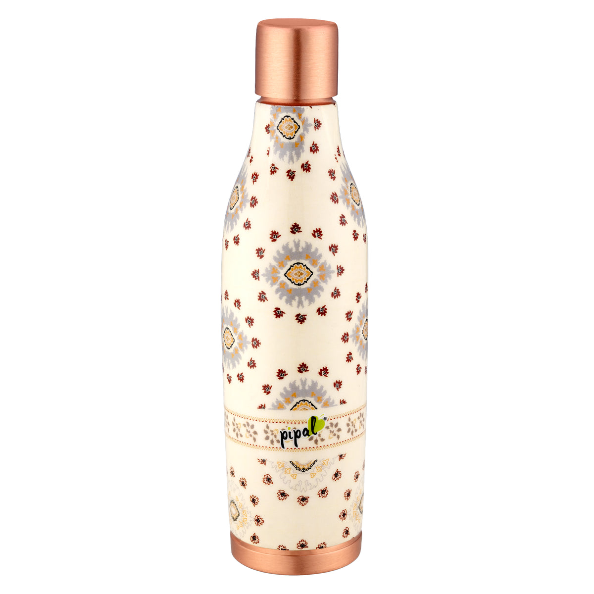Floral-patterned copper water bottle with copper cap and base on a white background