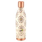 Floral-patterned copper water bottle with copper cap and base on a white background