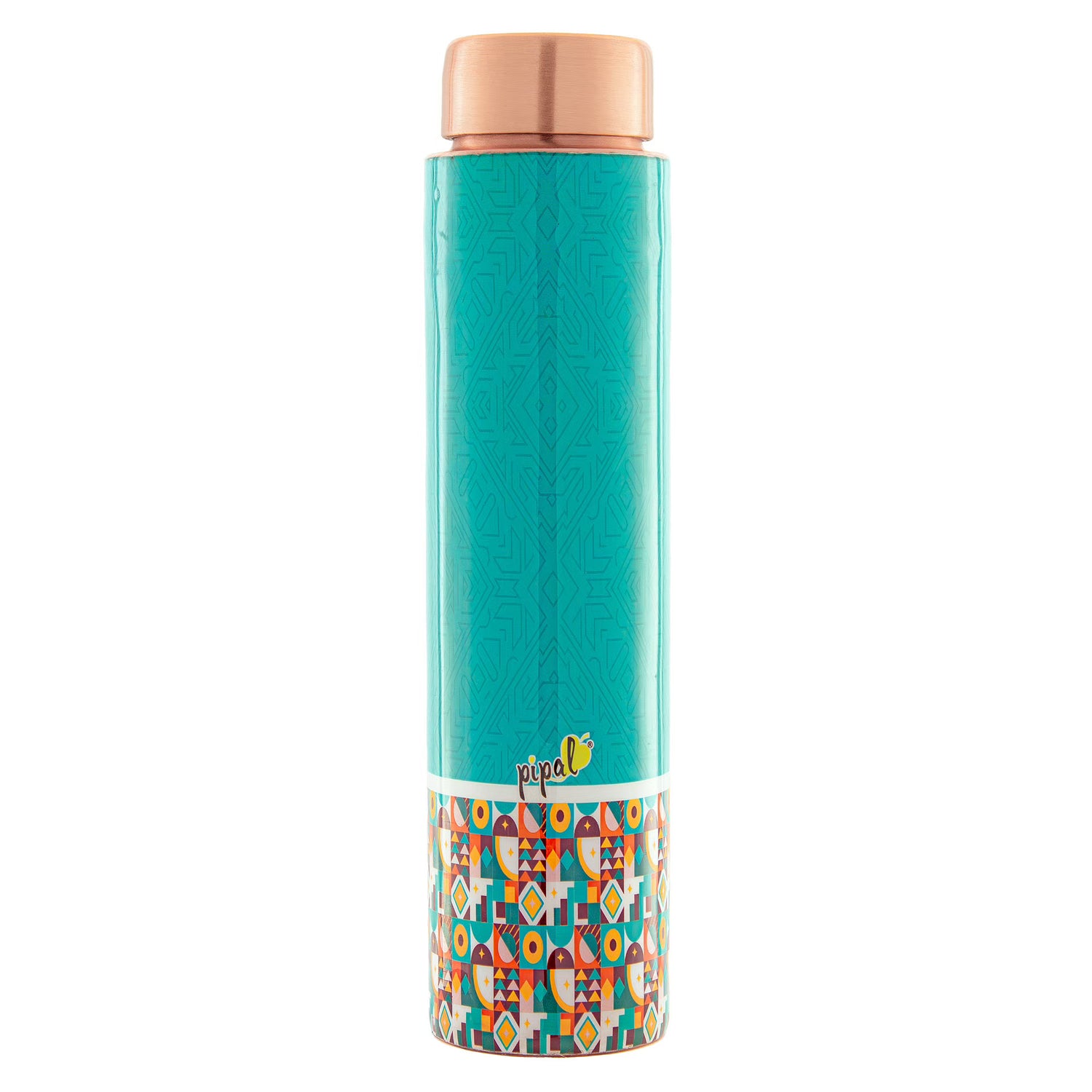 blue printed copper water bottle with geometrical print 