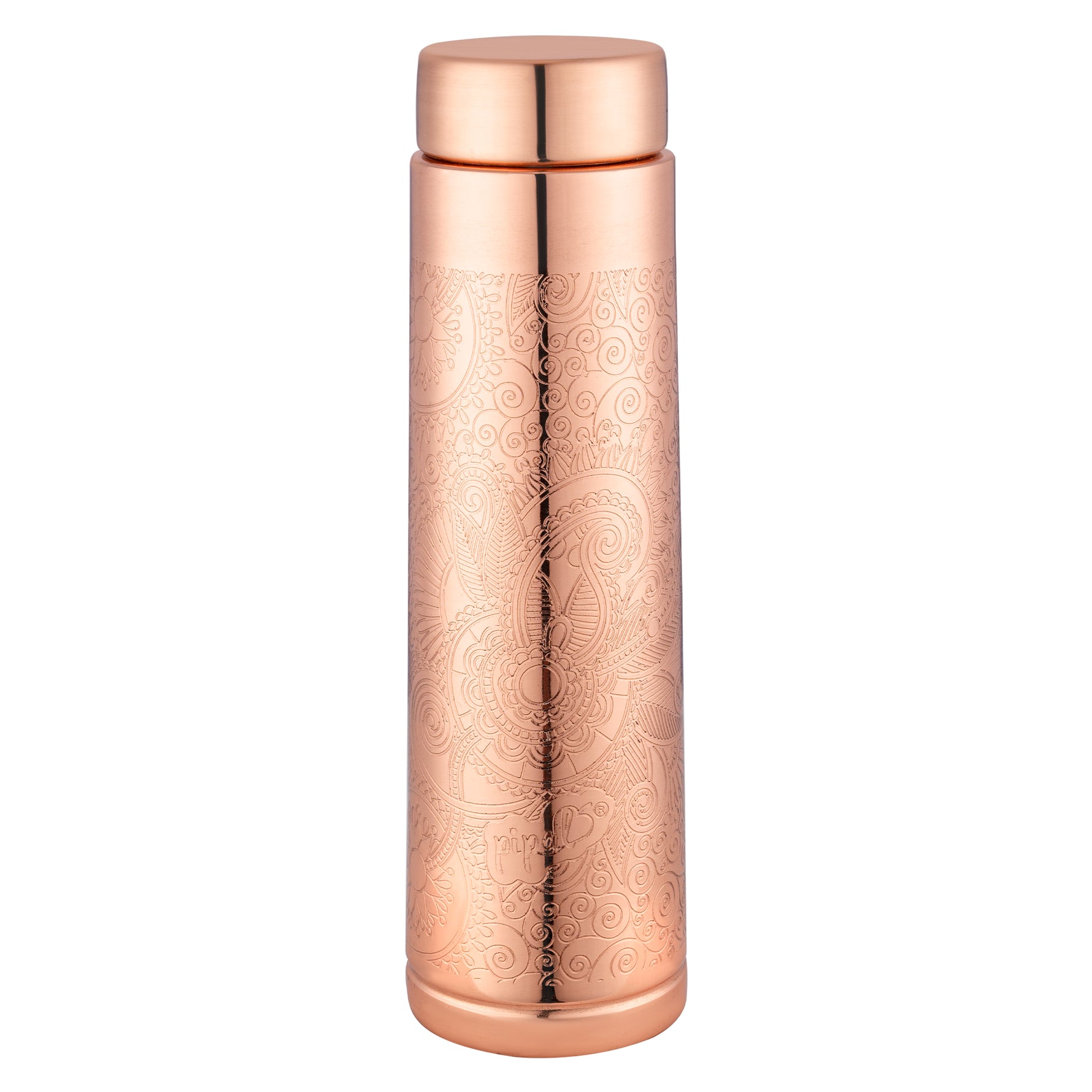 Pipal Valley 900ml copper bottle with straight cylindrical shape and floral etching