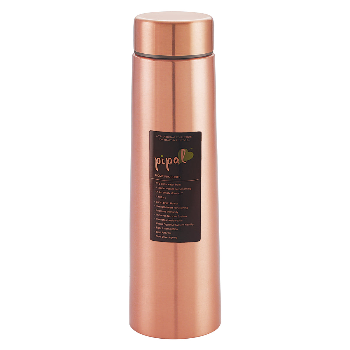 Pipal Valley 900ml copper bottle with smooth matte finish and cylindrical shape